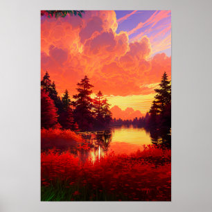 Wald Lake Bathed in Red Sunset Poster