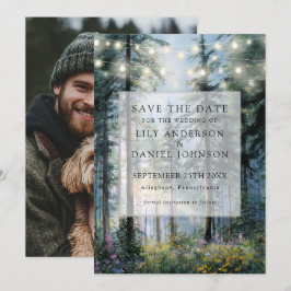 Wald-Lichterkette Blumen Rustikale Foto-Hochzeit Save The Date