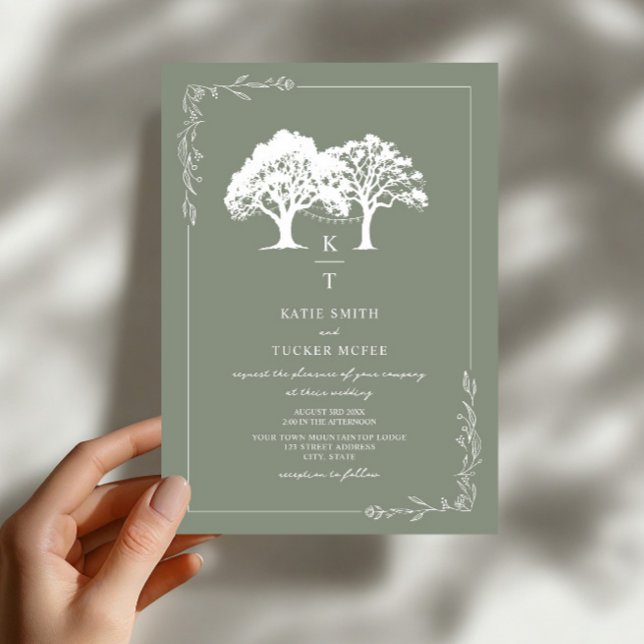 Wald-Lichterkette Monogramm Salbeigrün Hochzeit  Einladung (Von Creator hochgeladen)