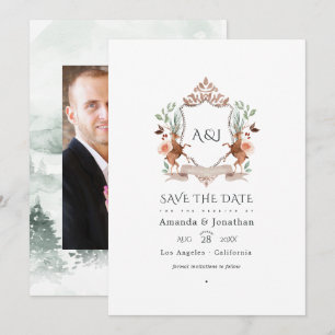 Wald-Lorbeerkamm-Monogramm-Hochzeitsfoto Save The Date