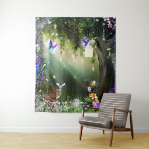 Wald Magische Blume Hirsch & Bunny Tape Wandteppich