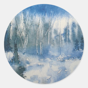 Wald mit Bäumen in Blau und Weiß Runder Aufkleber