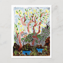 Wald mit blauen Bestien und Postkarte