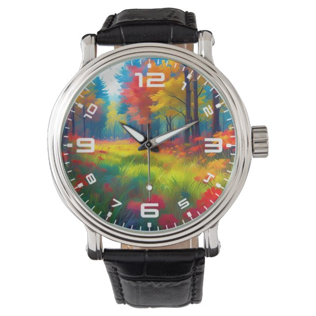 Wald mit farbenfrohen Bäumen und Blumen Armbanduhr (Vorderseite)