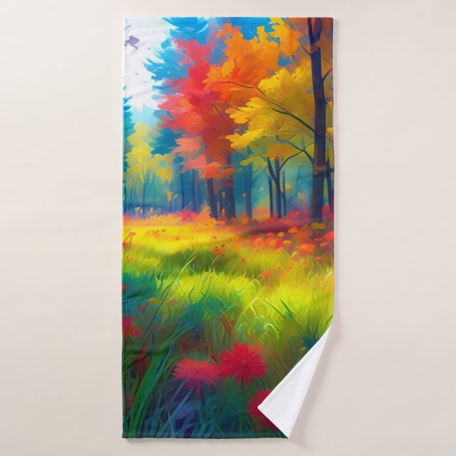 Wald mit farbenfrohen Bäumen und Blumen Badehandtuch (Badehandtuch)