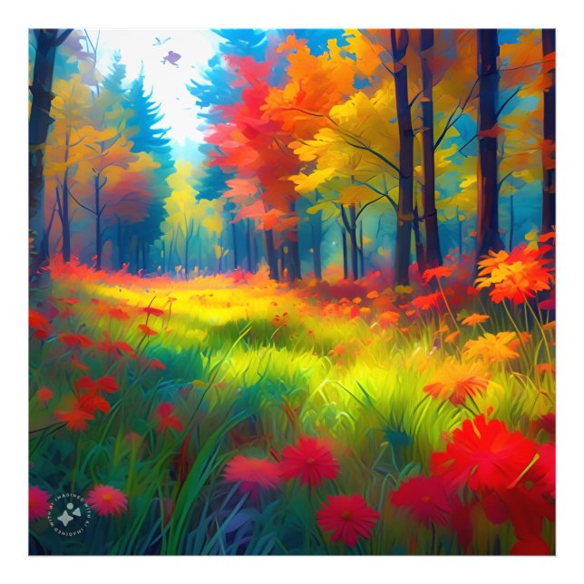 Wald mit farbenfrohen Bäumen und Blumen Fotodruck (Vorne)