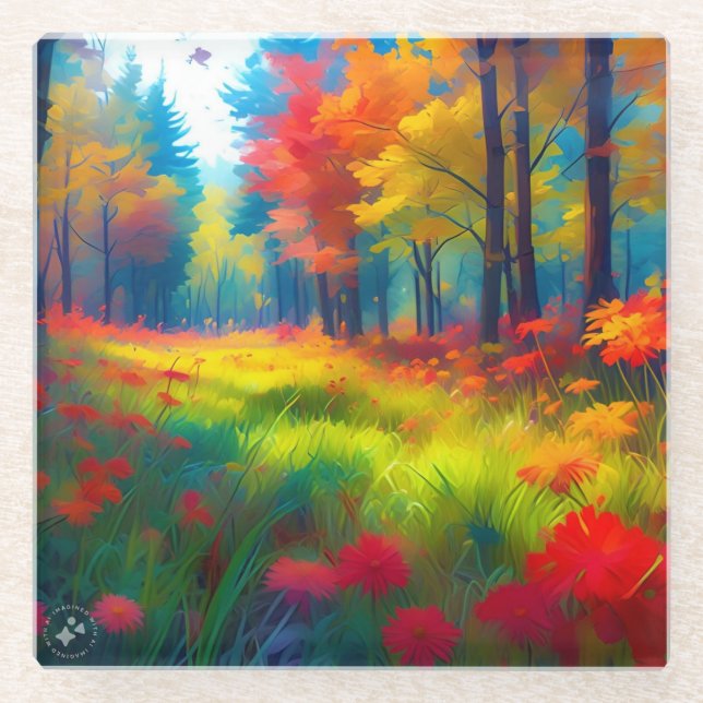 Wald mit farbenfrohen Bäumen und Blumen Glasuntersetzer (Vorderseite)