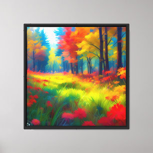 Wald mit farbenfrohen Bäumen und Blumen Leinwanddruck