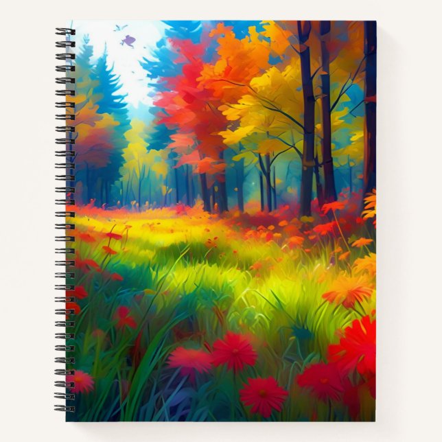 Wald mit farbenfrohen Bäumen und Blumen Notizbuch (Vorderseite)