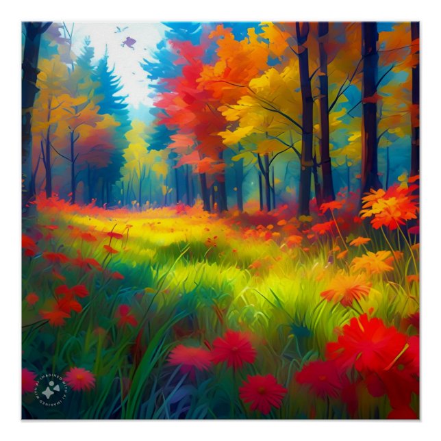 Wald mit farbenfrohen Bäumen und Blumen Poster (Vorderseite)