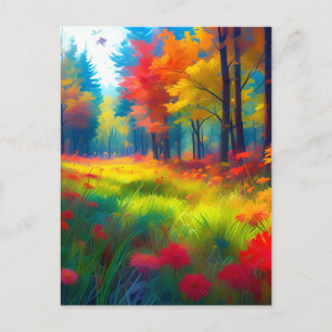 Wald mit farbenfrohen Bäumen und Blumen Postkarte