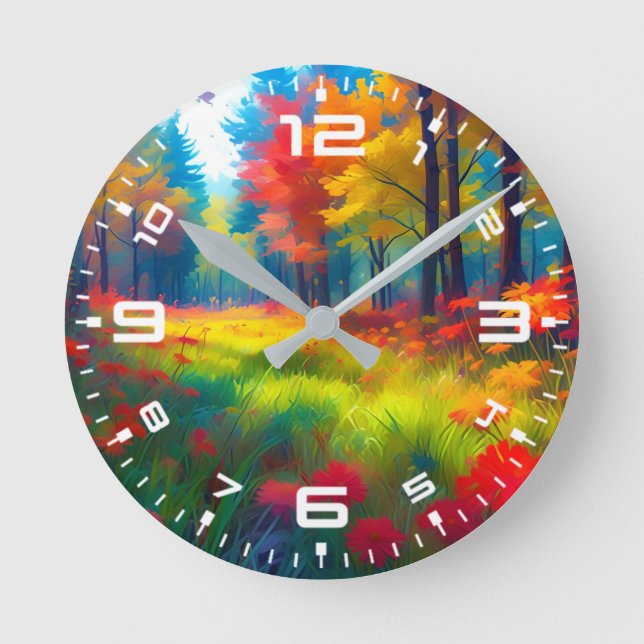 Wald mit farbenfrohen Bäumen und Blumen Runde Wanduhr (Vorderseite)