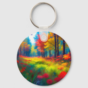 Wald mit farbenfrohen Bäumen und Blumen Schlüsselanhänger