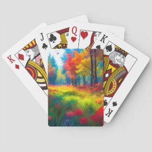 Wald mit farbenfrohen Bäumen und Blumen Spielkarten