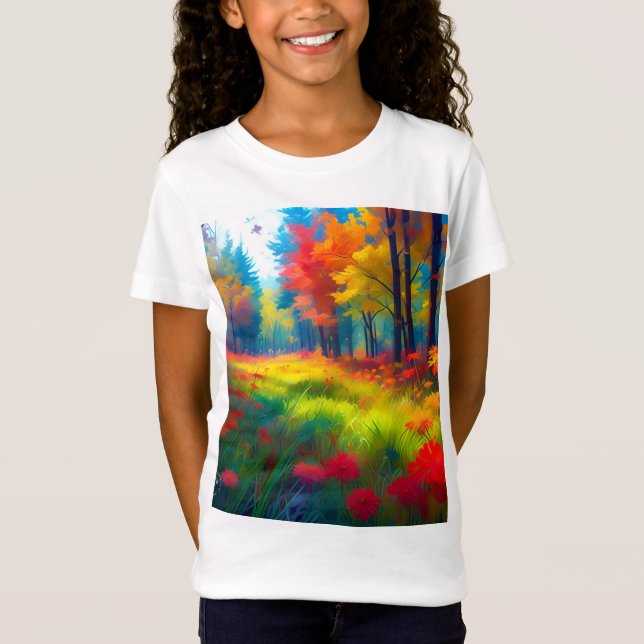 Wald mit farbenfrohen Bäumen und Blumen T-Shirt (Vorderseite)