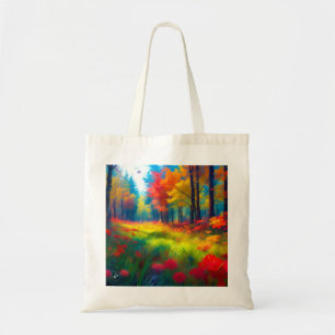 Wald mit farbenfrohen Bäumen und Blumen Tragetasche