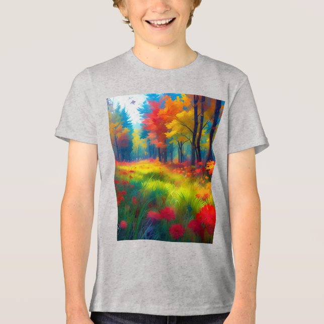 Wald mit farbenfrohen Bäumen und Blumen Tri-Blend Shirt (Vorderseite)