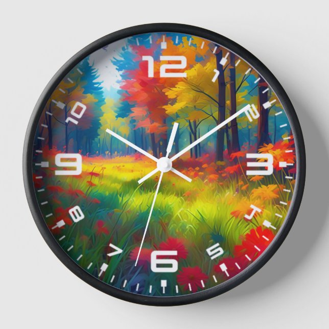 Wald mit farbenfrohen Bäumen und Blumen Uhr (Vorderseite)