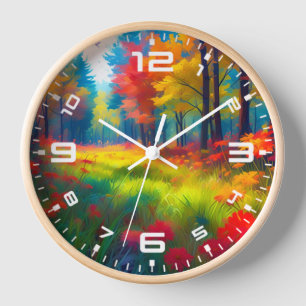 Wald mit farbenfrohen Bäumen und Blumen Uhr