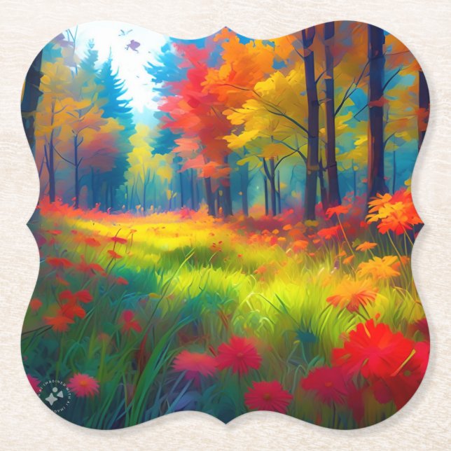 Wald mit farbenfrohen Bäumen und Blumen Untersetzer (Vorderseite)