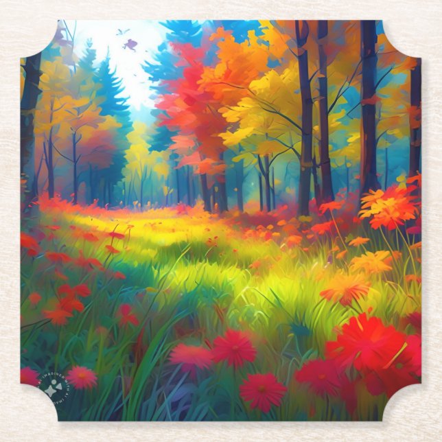 Wald mit farbenfrohen Bäumen und Blumen Untersetzer (Vorderseite)