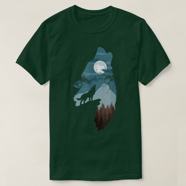 Wald mit FullMoon und Howling Wolfwolf Hund T-Shirt (Design vorne)