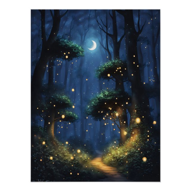 Wald mit glänzenden Lichtern und Mondmond Poster (Vorderseite)