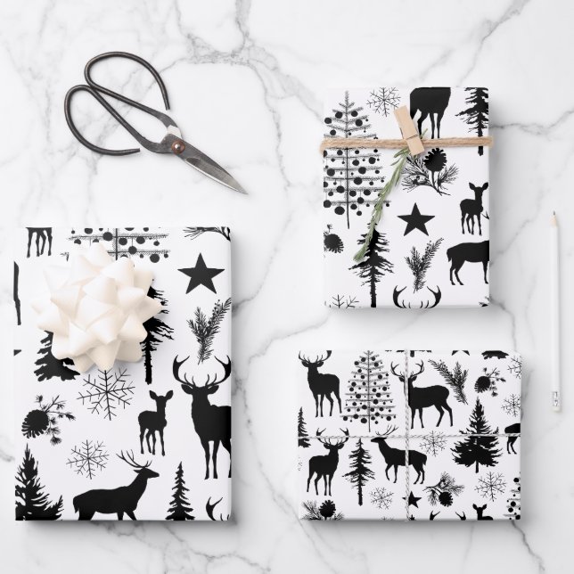 Wald mit weißem und schwarzem Rentierwald modern Geschenkpapier Set (Vorderseite)