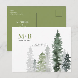 Wald-Moosgrün-Monogramm Save-the-Date  Postkarte