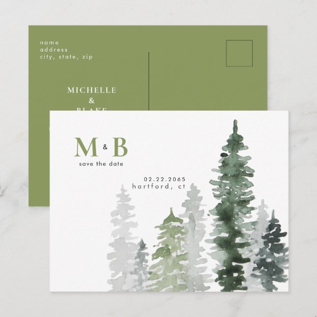 Wald-Moosgrün-Monogramm Save-the-Date  Postkarte (Vorne/Hinten)