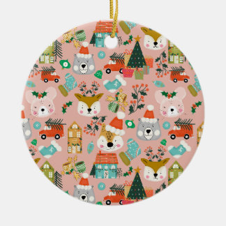Wald Niedlicher Weihnachtsmann Tiere Rosa Keramik Ornament