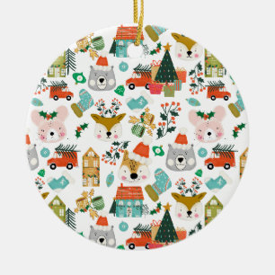 Wald Niedlicher Weihnachtsmann Tiere Weiß Keramik Ornament