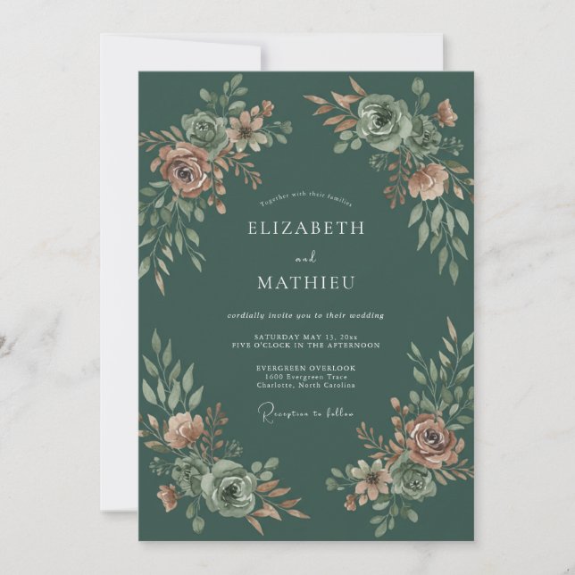 Wald-Pfirsich-Wildblumen-Hochzeit Einladung (Vorderseite)