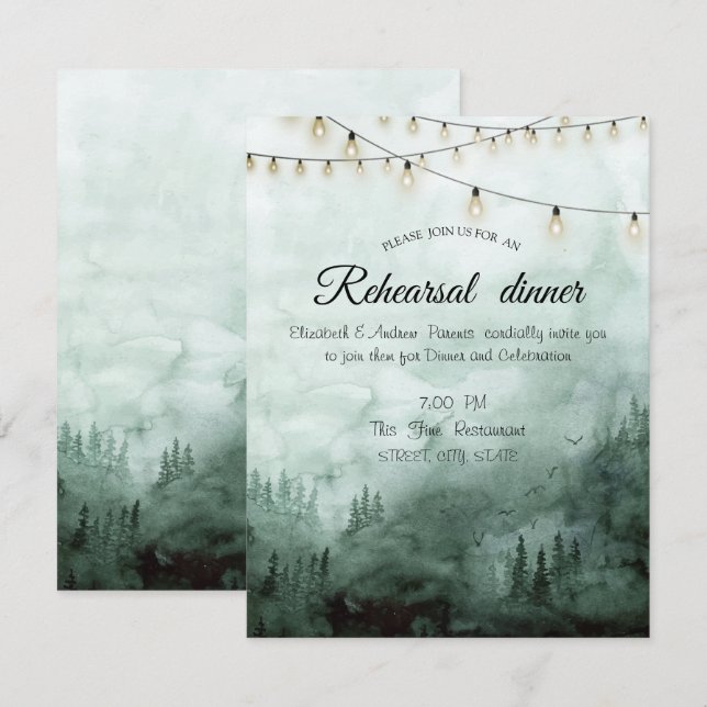Wald, Pinienbäume Lichter Grüne Probe Abendessen Einladung (Vorne/Hinten)