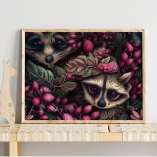 Wald Raccoon Pink Berries Raccoon Wall Print Poster