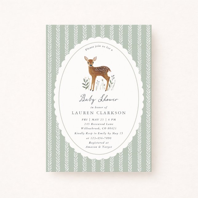 Wald Reh, Salbeigrüner Hintergrund Babyshower Einladung (Von Creator hochgeladen)