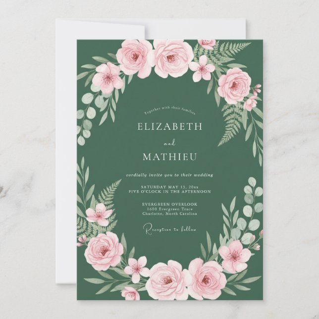 Wald-Rosa-Ranunculus-Eukalyptus-Hochzeit Einladung (Vorderseite)