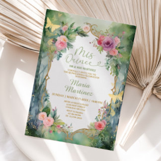 Wald-Sage-Grün-Rosa-Blumen 15 Mis Quince-Party Einladung