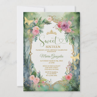 Wald-Sage-Grün-Rosa-Blumen-Süße-Sechzehn-Party Einladung