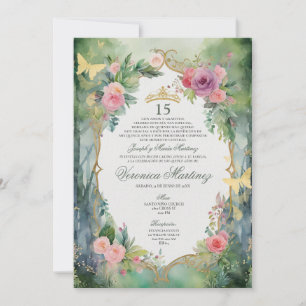 Wald-Sage-Grün-Rosa-Blumen-Sweet 15 Quinceañera Einladung