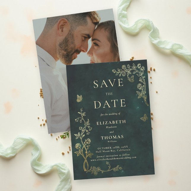 Wald Smaragdgrüne Fairycore Magische Hochzeit Save The Date (fairycore woodland enchanted forest emerald green faux gold wedding save the date card roses wild)