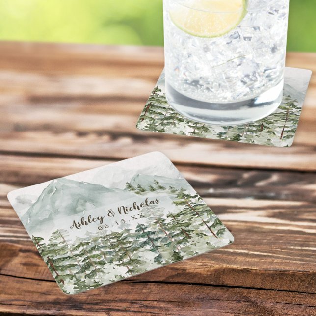 Wald und Gebirgslandschaft Wasserfarbe Rechteckiger Pappuntersetzer (In situ)