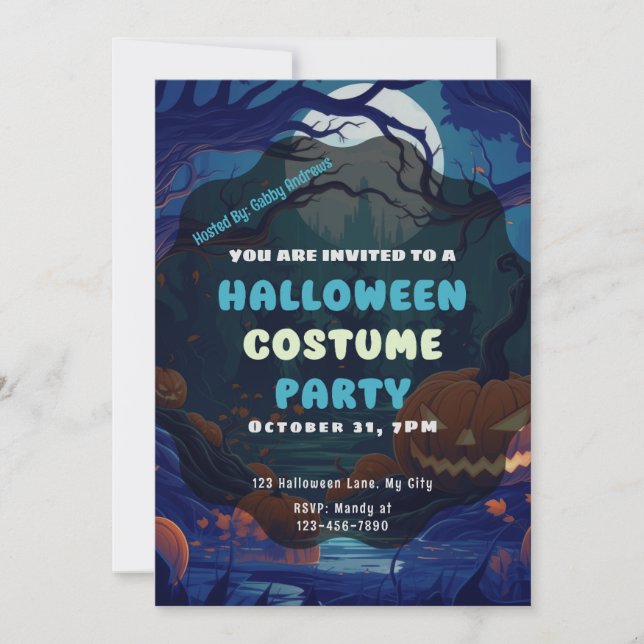 Wald von Jack-O' Lanterns Full Moon Halloween Einladung (Vorderseite)
