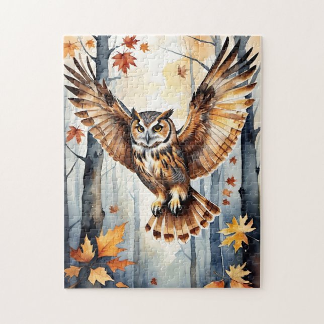 Wald Wald Wasserfarbe Eule Herbst Tier Puzzle (Vertikal)