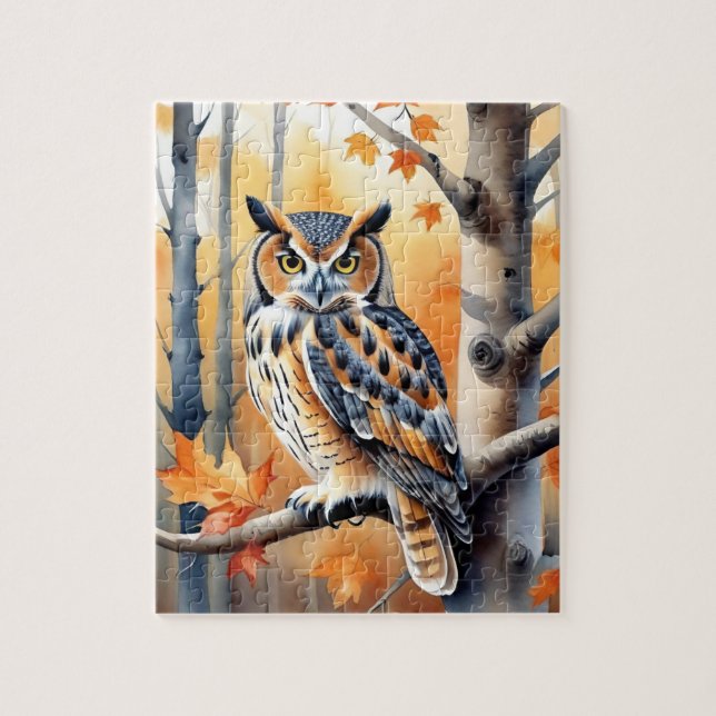 Wald Wald Wasserfarben Eule Herbst Tier Puzzle (Vertikal)