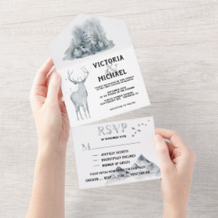 Wald-Waldgebirge-Aquarell-Hochzeit All In One Einladung