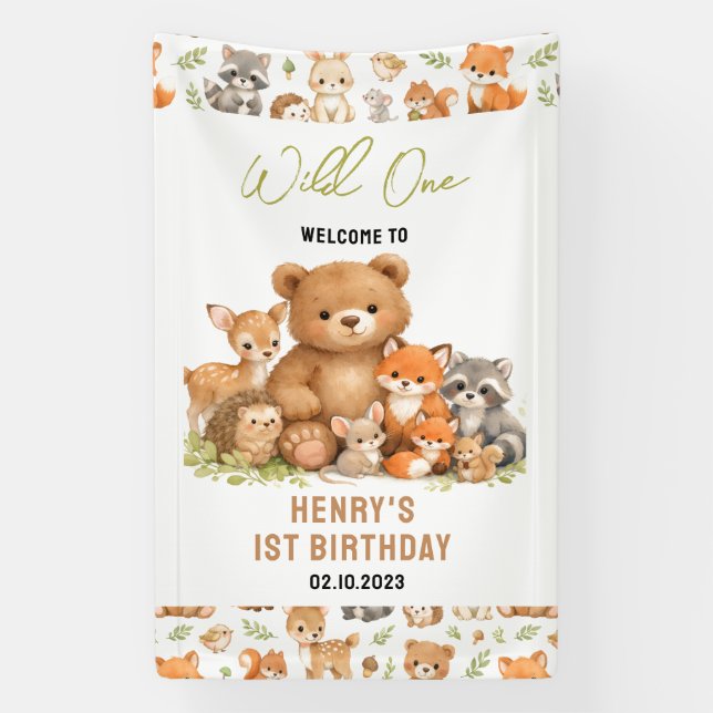 Wald-Waldtiere Wild One 1. Geburtstag Banner (Vertikal)
