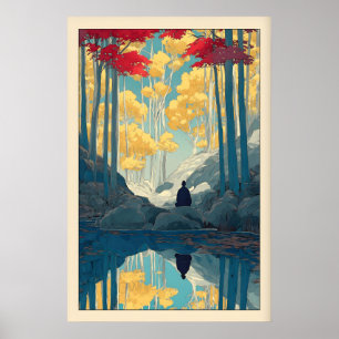 Wald-Wandkunst Serene Bäume und sitzende Figur Poster