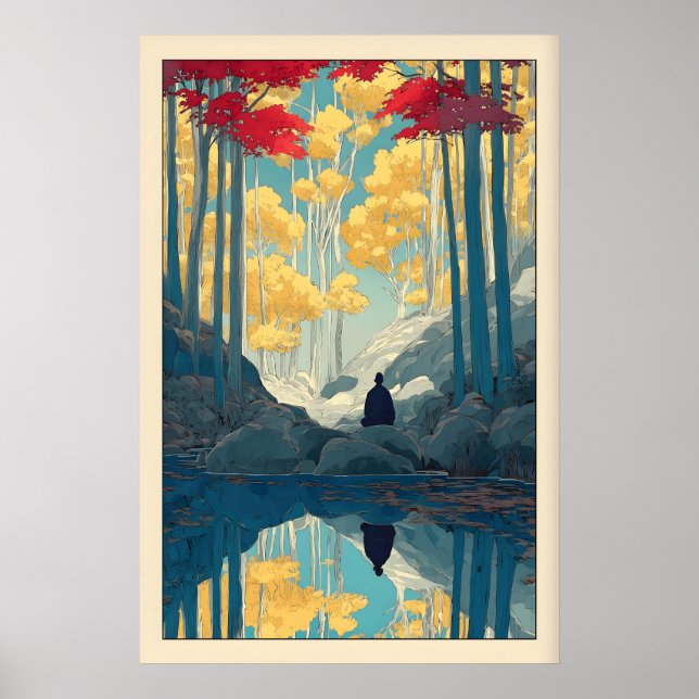 Wald-Wandkunst Serene Bäume und sitzende Figur Poster (Vorne)