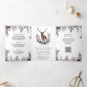 Wald Wasserfarbe Waldhirsch QR-Code Hochzeit Dreifach Gefaltete Einladung